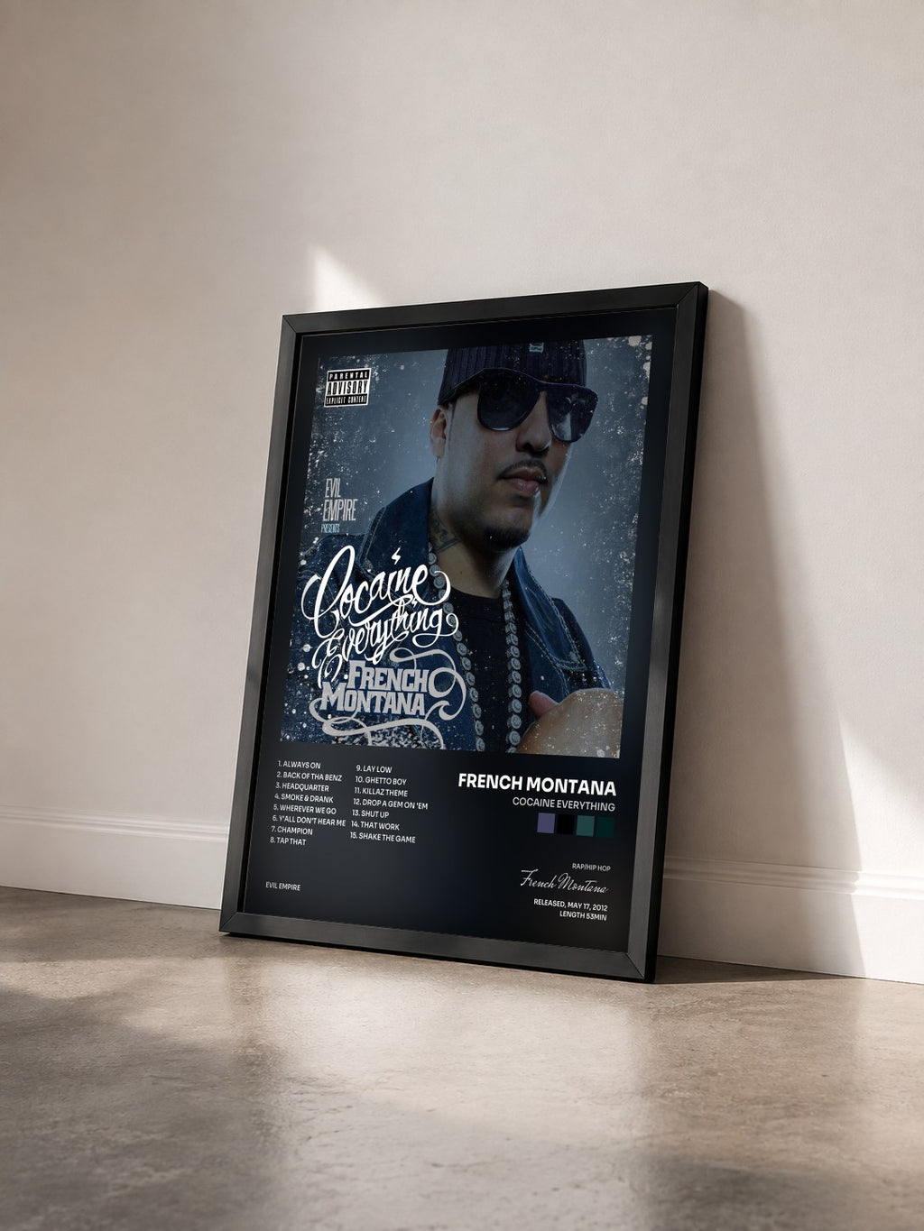 #noir Cocaine Everything de French Montana en lámina enmarcada vista de tres cuartos, marco negro