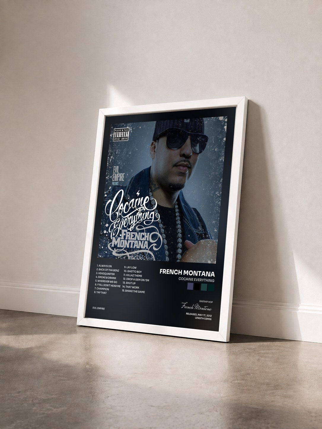 #blanc Tableau de l'album Cocaine Everything de French Montana vu de trois quarts, cadre blanc