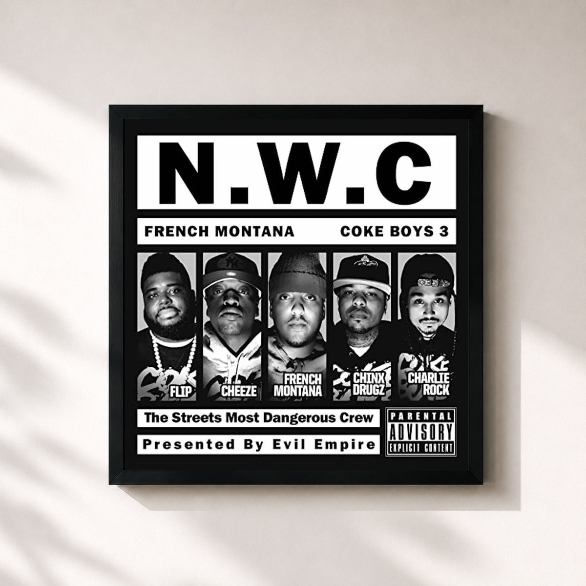#noir Tableau carré de l'album Coke Boys 3 de French Montana, cadre noir 32x32 cm