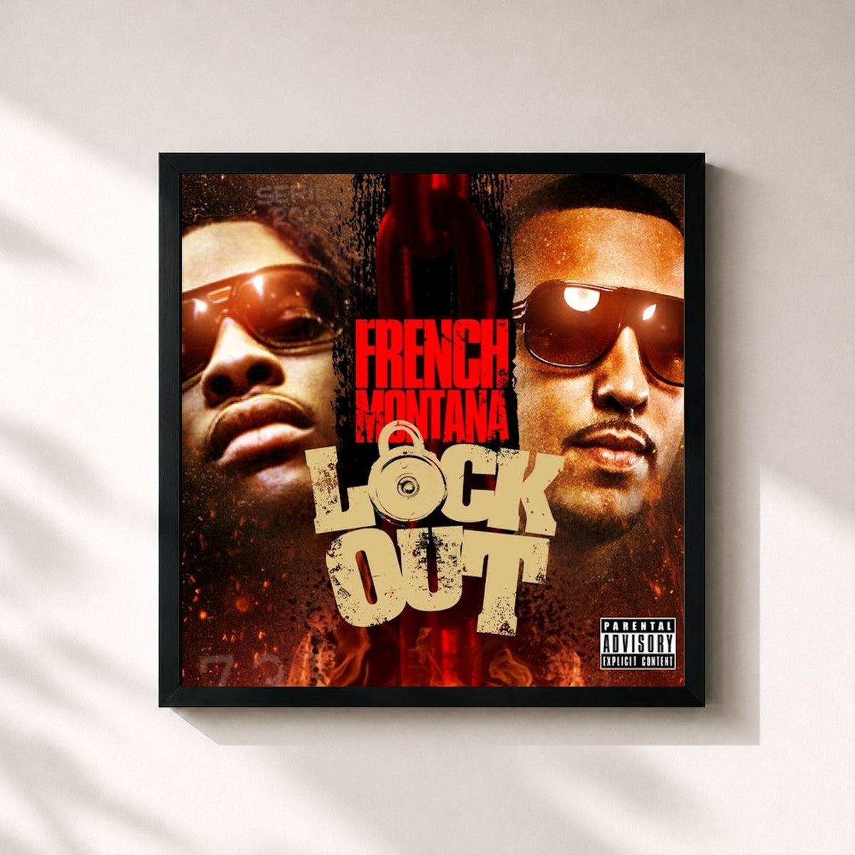 #noir Tableau carré de l'album Lock Out de French Montana, cadre noir 32x32 cm