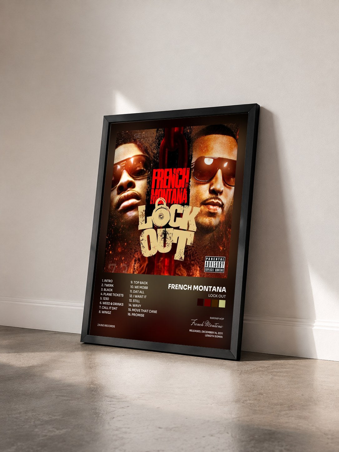#noir Tableau de l'album Lock Out de French Montana vu de trois quarts, cadre noir