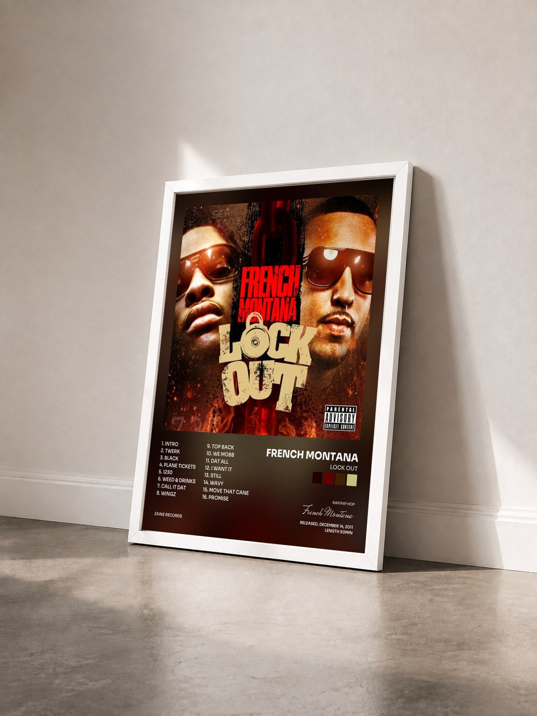 #blanc Tableau de l'album Lock Out de French Montana vu de trois quarts, cadre blanc