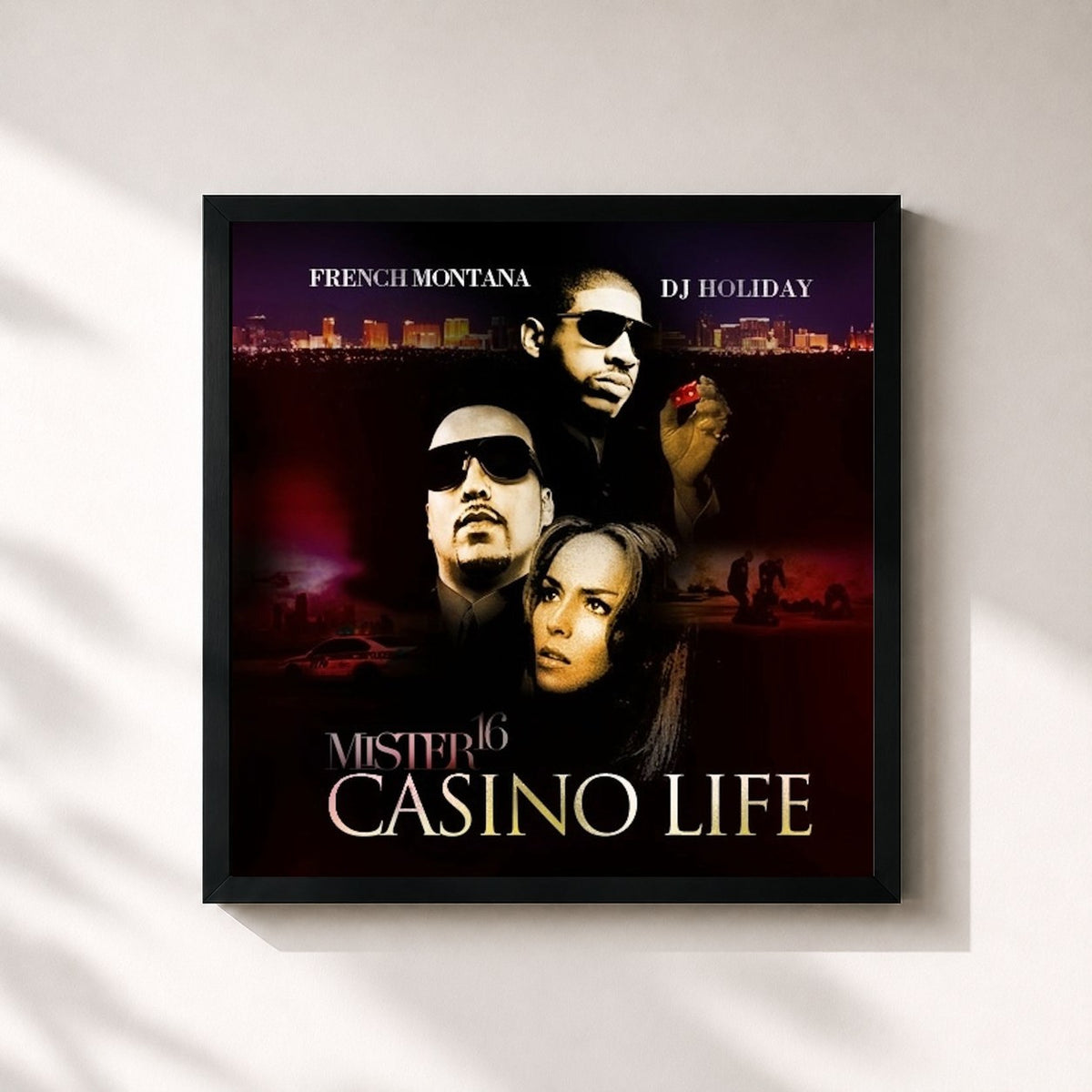#noir Tableau carré de l'album Mister 16: Casino Life de French Montana, cadre noir 32x32 cm