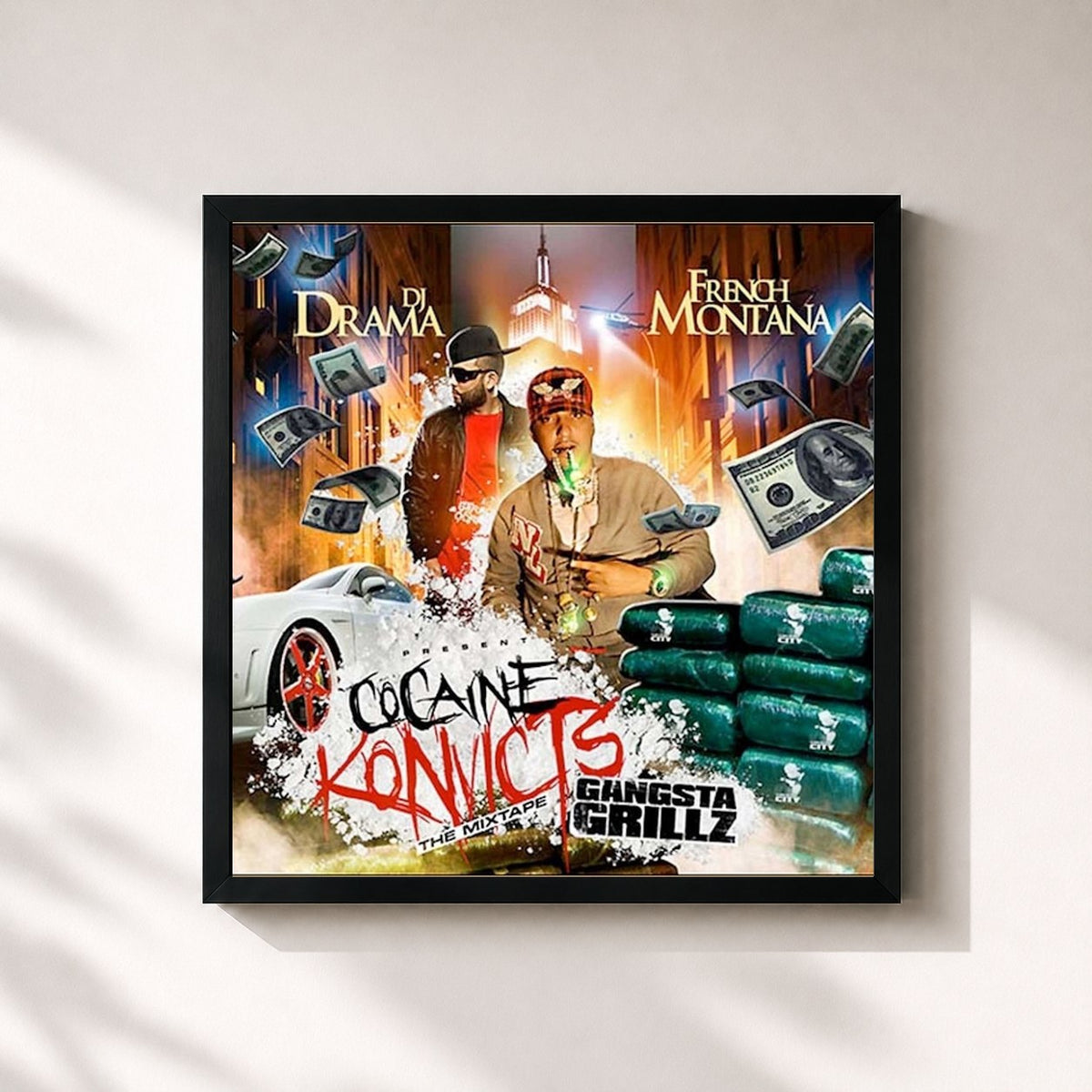 #noir Tableau carré de l'album Cocaine Konvicts: Gangsta Grillz de French Montana, cadre noir 32x32 cm