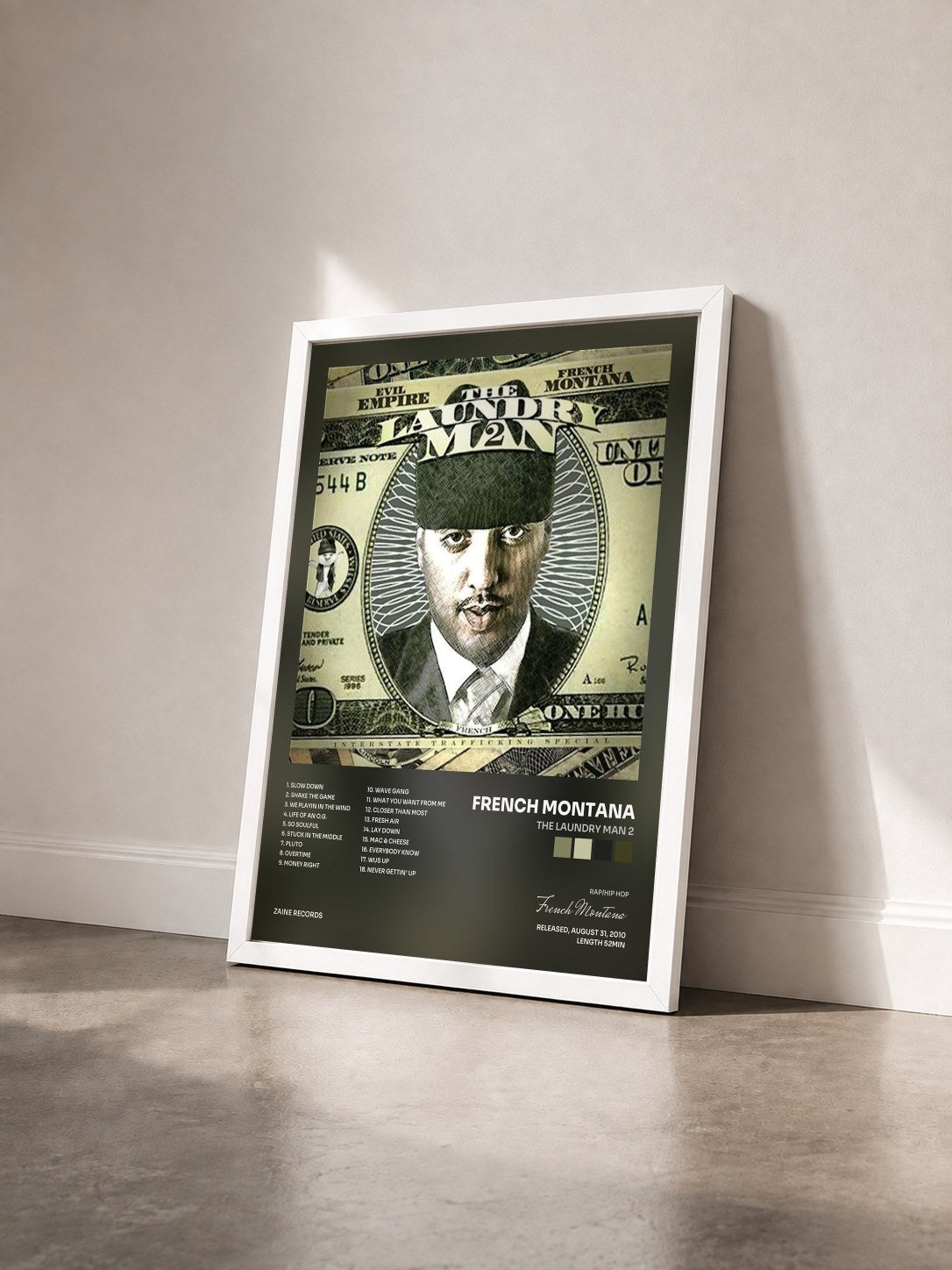 #blanc Tableau de l'album The Laundry Man 2 de French Montana vu de trois quarts, cadre blanc