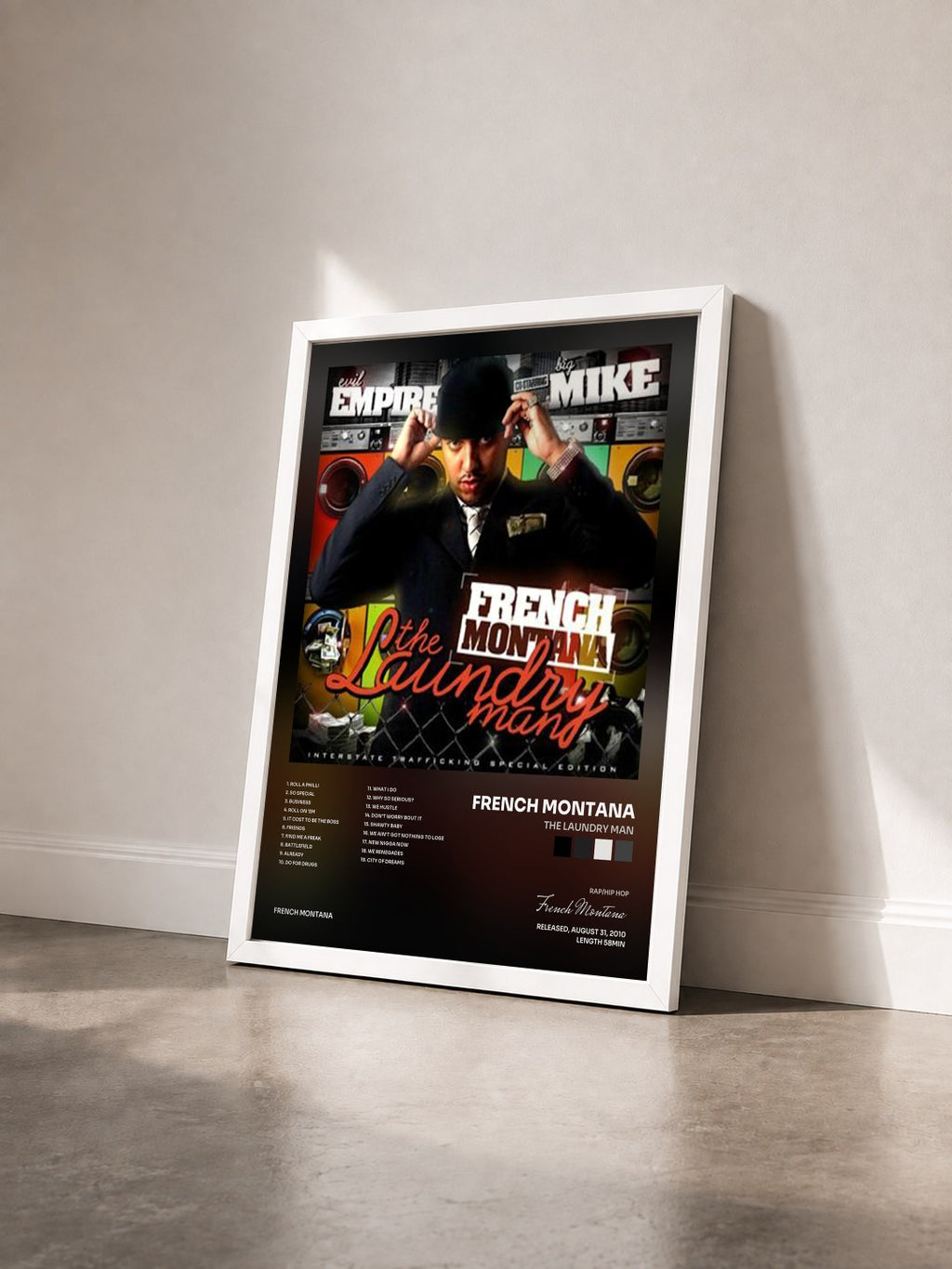 #blanc The Laundry Man by French Montana as a framed art print seen at an angle, white frame