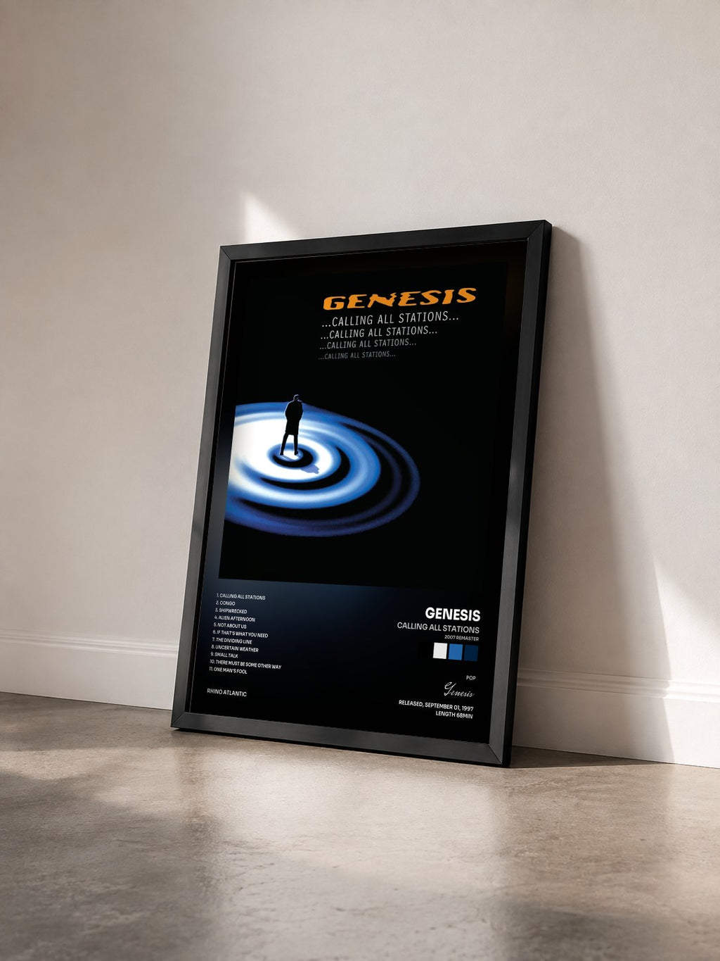 #noir Calling All Stations (2007 Remaster) by Genesis as a framed art print seen at an angle, black frame