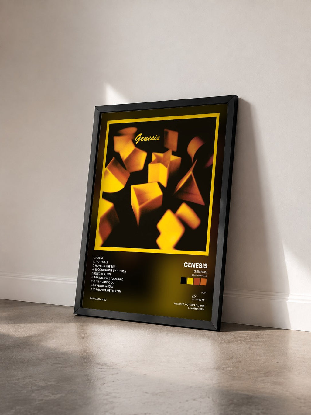 #noir Genesis (2007 Remaster) by Genesis as a framed art print seen at an angle, black frame