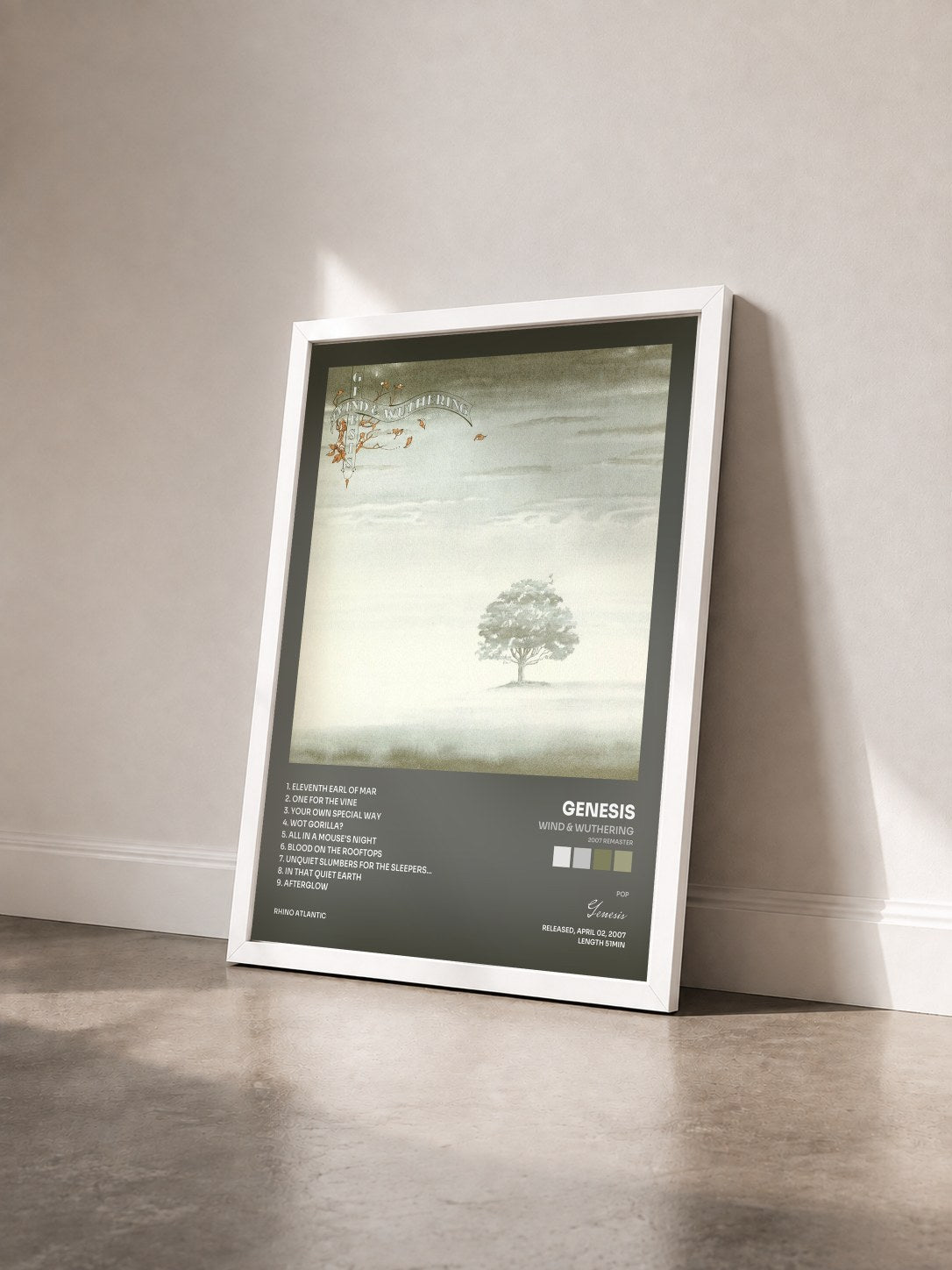 #blanc Tableau de l'album Wind & Wuthering (2007 Remaster) de Genesis vu de trois quarts, cadre blanc