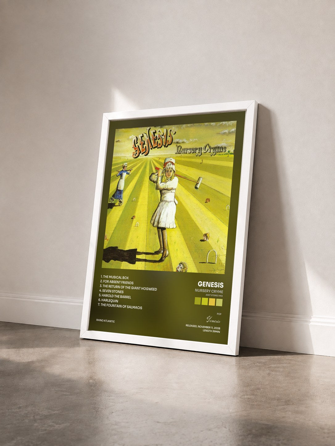 #blanc Tableau de l'album Nursery Cryme (2007 Stereo Mix) de Genesis vu de trois quarts, cadre blanc