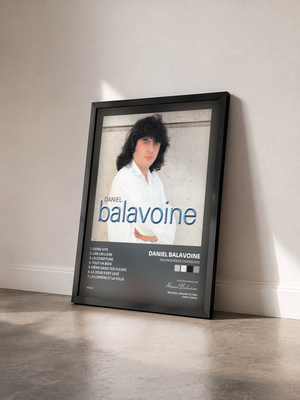 #noir Ses premières chansons di Daniel Balavoine in stampa incorniciata vista di tre quarti, cornice nera