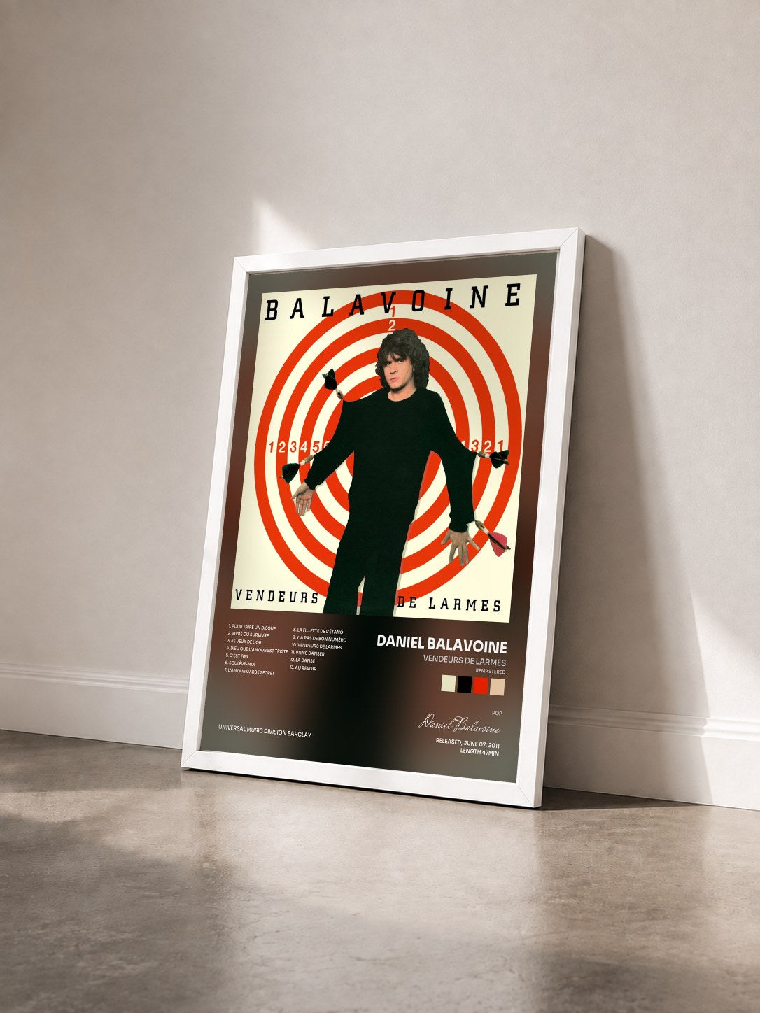 #blanc Tableau de l'album Vendeurs de larmes (Remastered) de Daniel Balavoine vu de trois quarts, cadre blanc