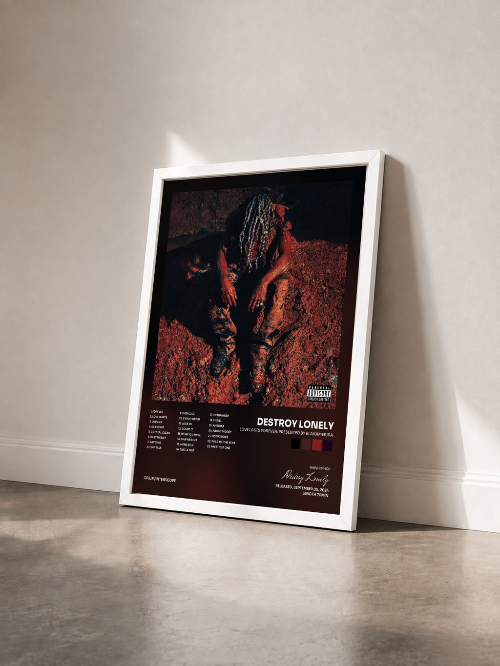 #blanc Tableau de l'album LOVE LASTS FOREVER: PRESENTED BY BLAKAMERIKA de Destroy Lonely vu de trois quarts, cadre blanc