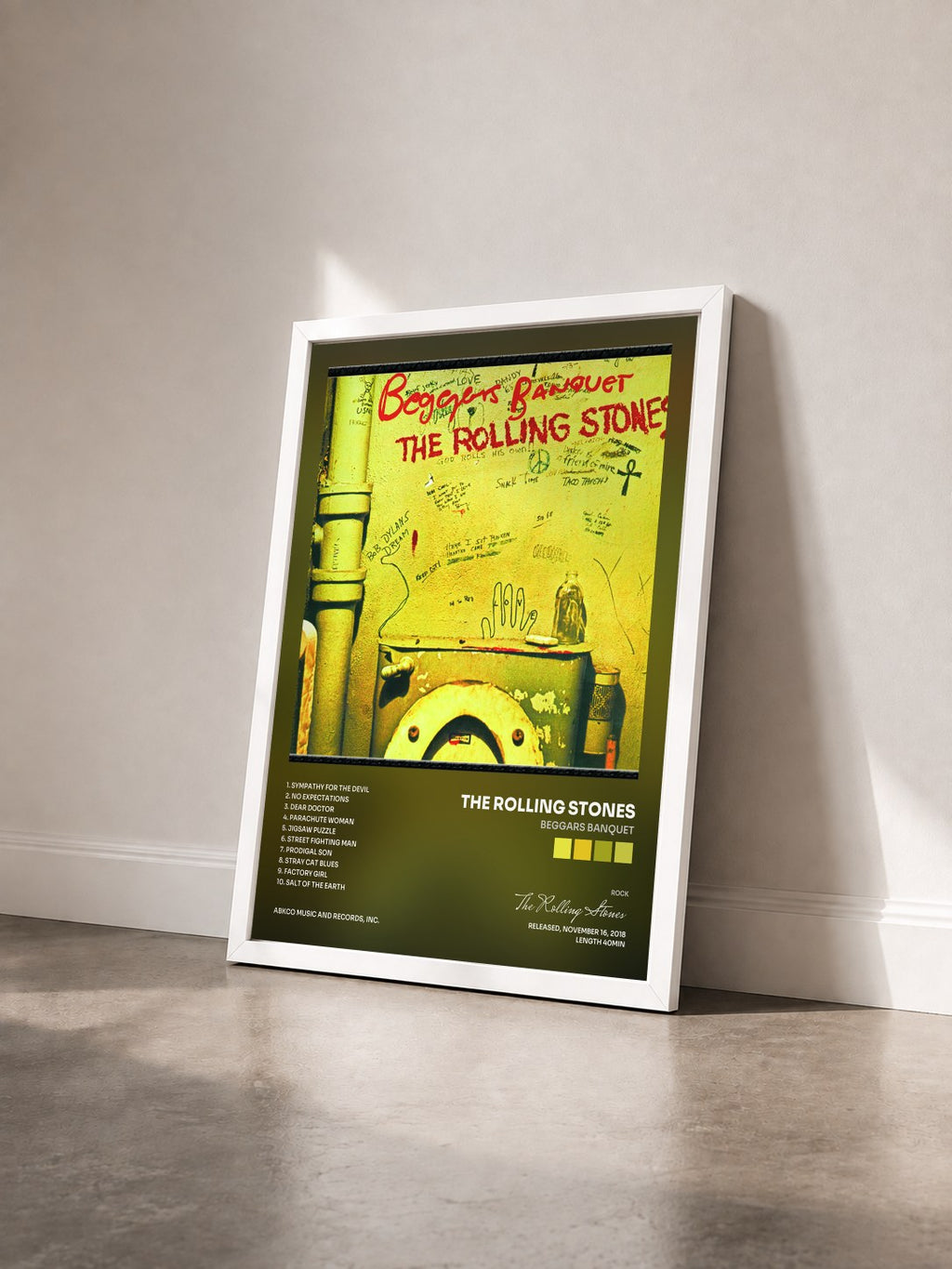 #blanc Tableau de l'album Beggars Banquet de The Rolling Stones vu de trois quarts, cadre blanc