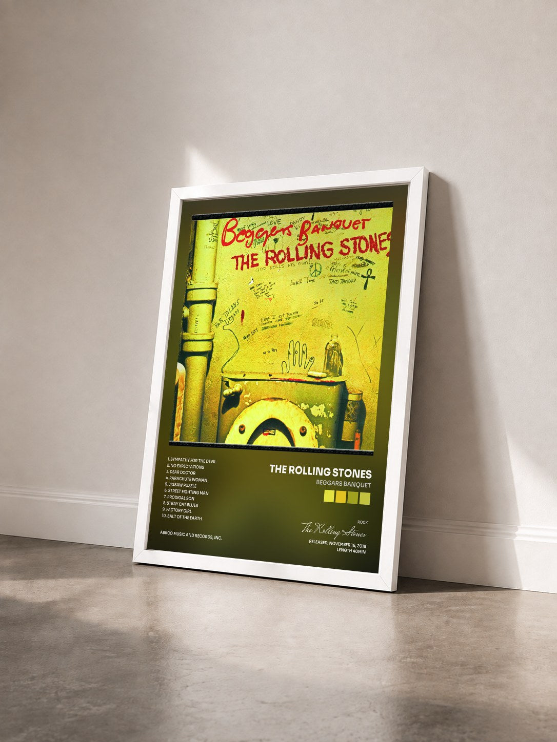 #blanc Tableau de l'album Beggars Banquet de The Rolling Stones vu de trois quarts, cadre blanc