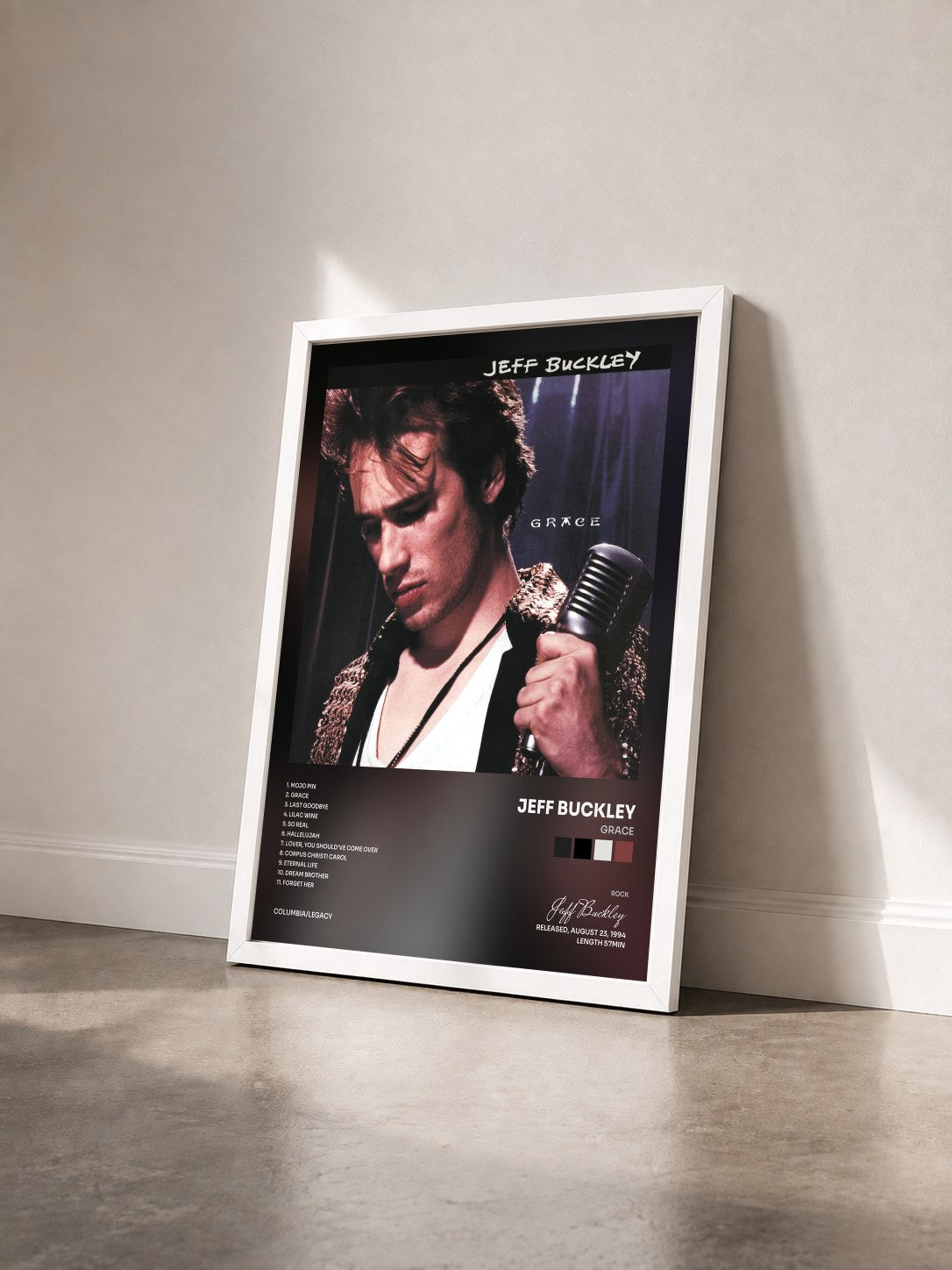 #blanc Tableau de l'album Grace de Jeff Buckley vu de trois quarts, cadre blanc