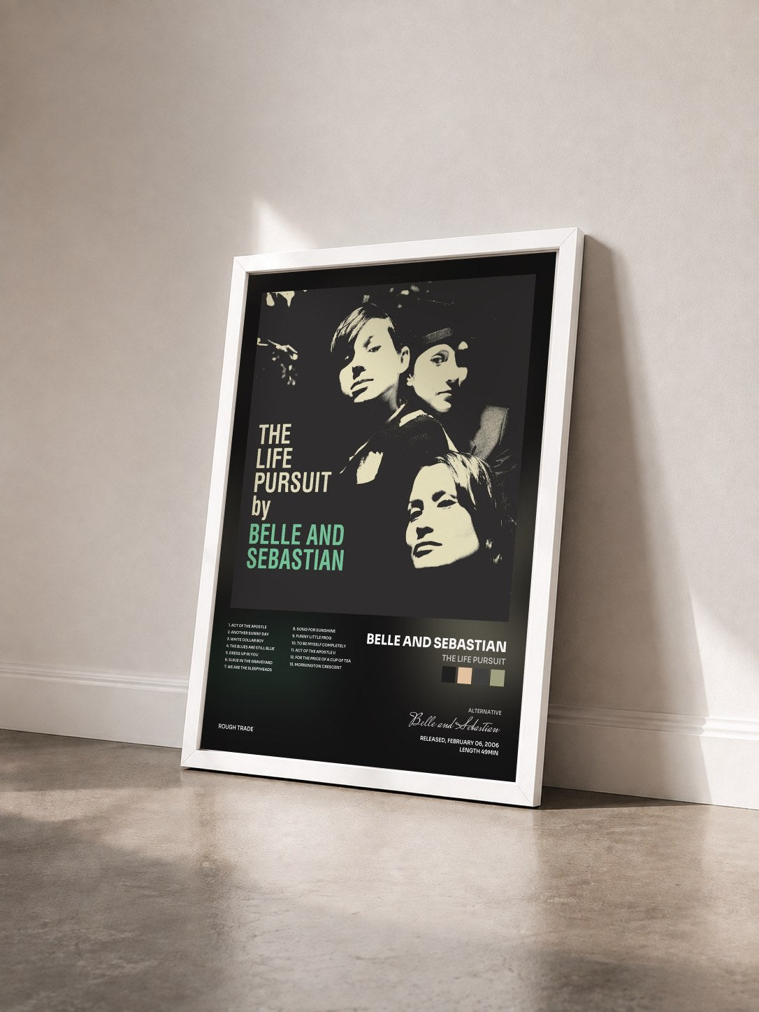 #blanc Tableau de l'album The Life Pursuit de Belle and Sebastian vu de trois quarts, cadre blanc
