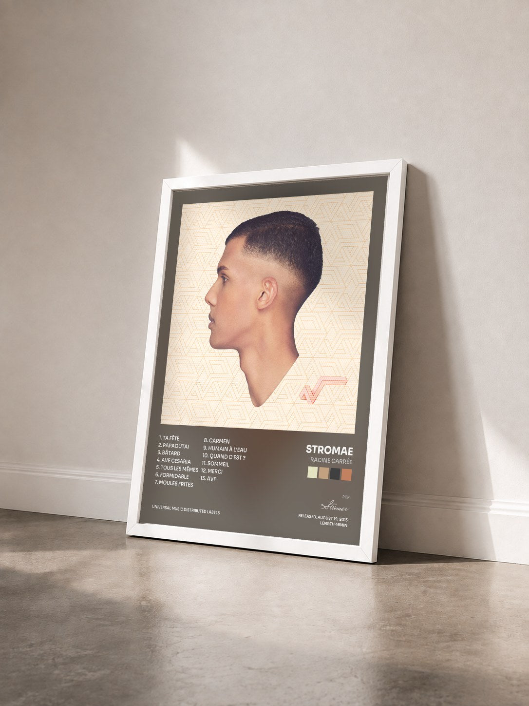 #blanc Tableau de l'album racine carrée de Stromae vu de trois quarts, cadre blanc