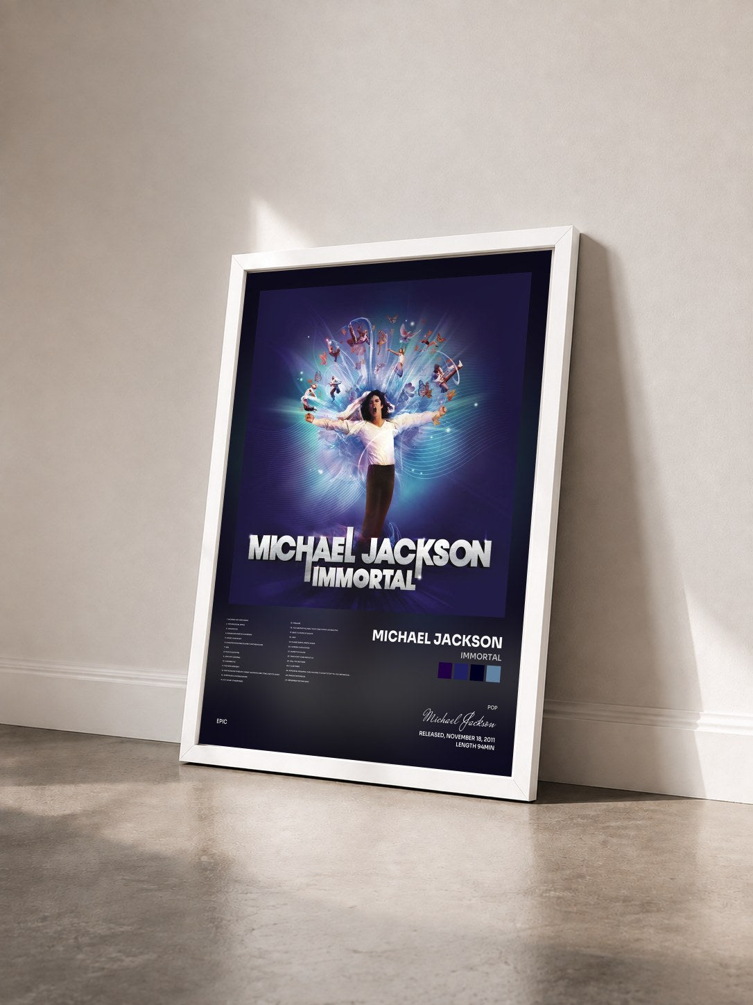 #blanc Immortal by Michael Jackson as a framed art print seen at an angle, white frame