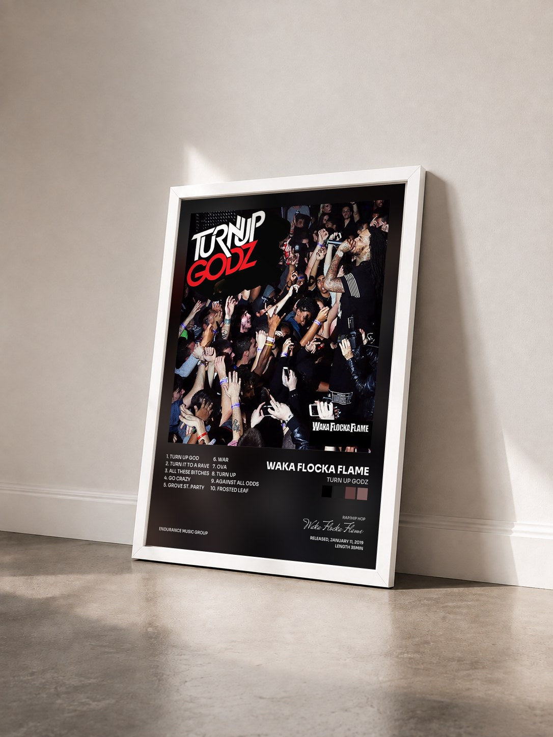 #blanc Tableau de l'album Turn Up Godz de Waka Flocka Flame vu de trois quarts, cadre blanc