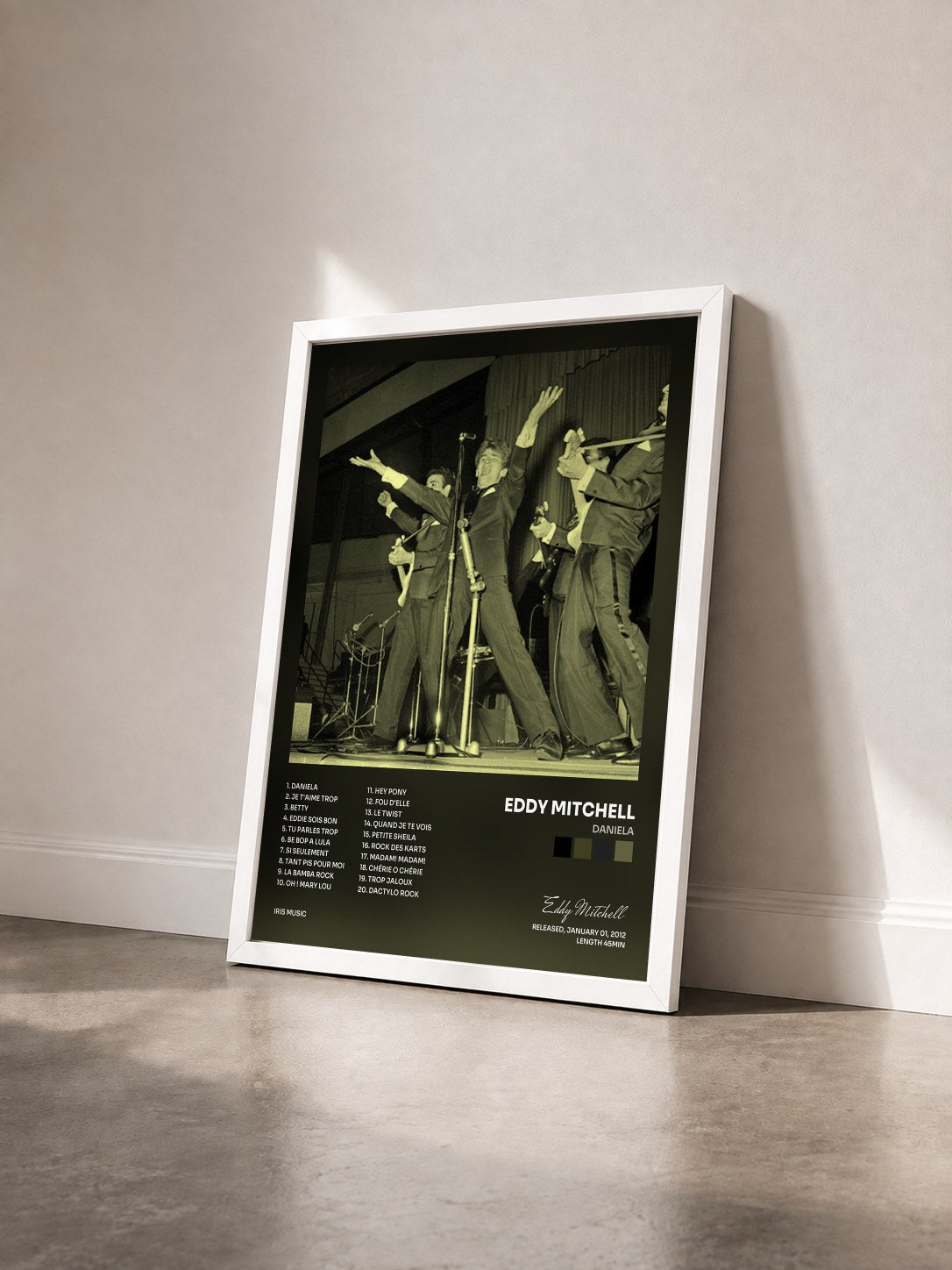 #blanc Tableau de l'album Daniela de Eddy Mitchell vu de trois quarts, cadre blanc