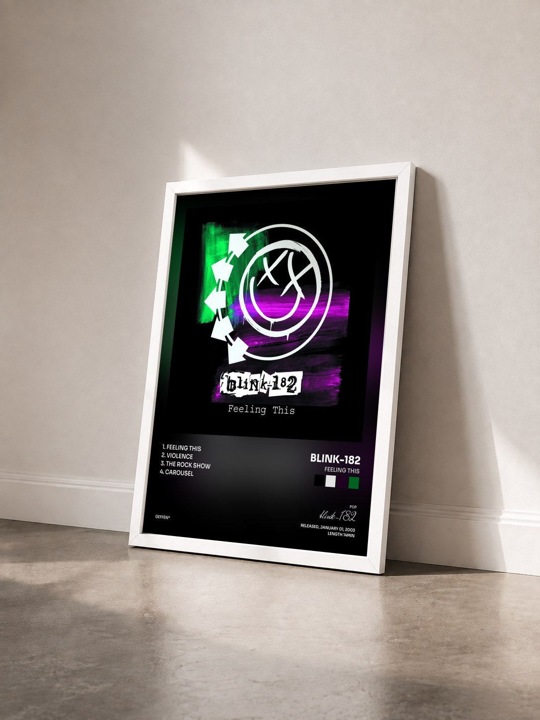 #blanc Tableau de l'album Feeling This de blink-182 vu de trois quarts, cadre blanc