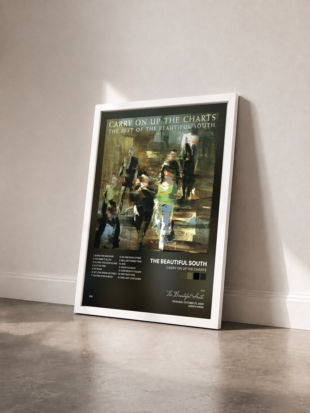 #blanc Tableau de l'album Carry On Up The Charts de The Beautiful South vu de trois quarts, cadre blanc