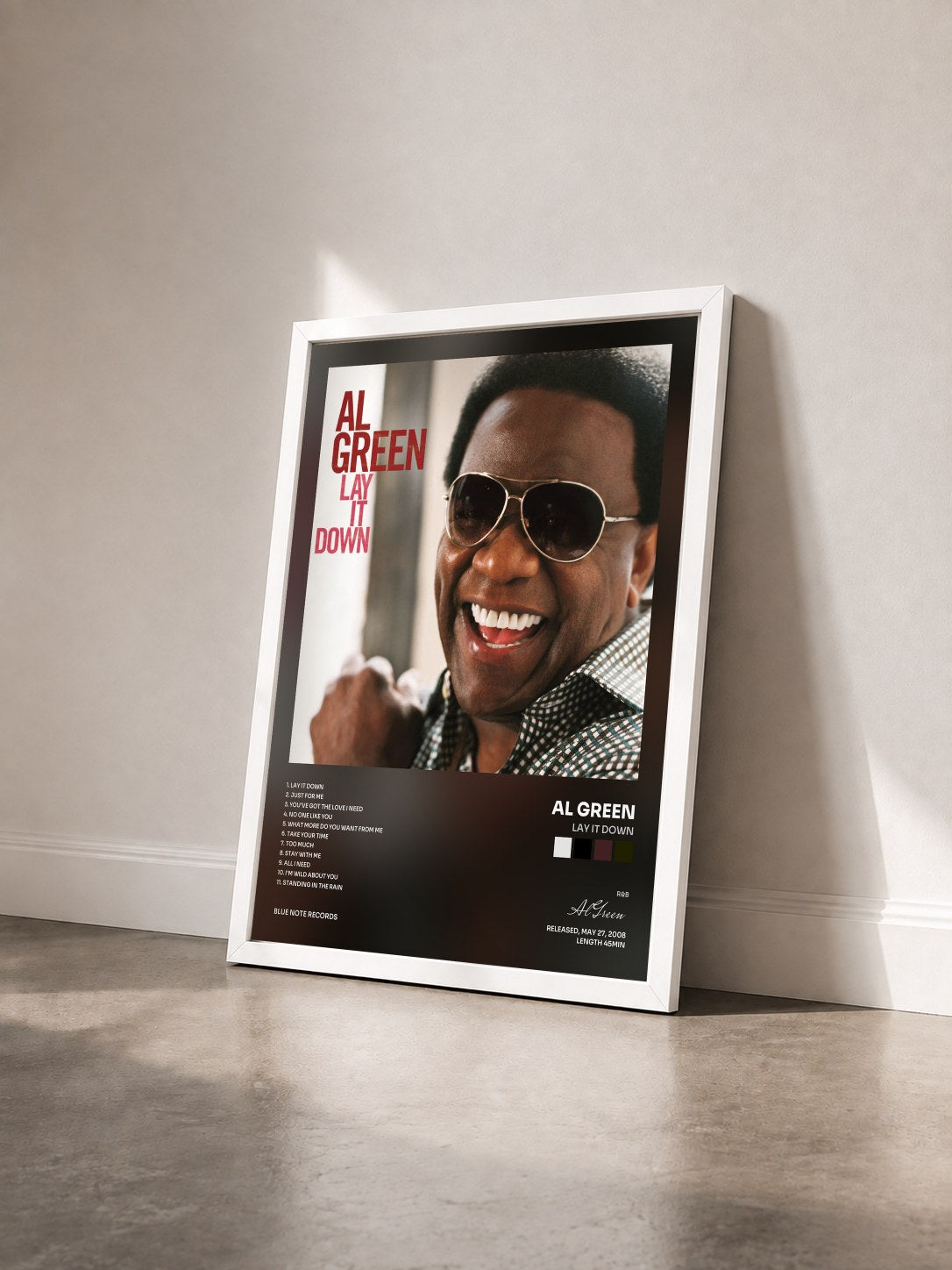 #blanc Lay It Down von Al Green als gerahmter Kunstdruck von schräg gesehen, weißer Rahmen