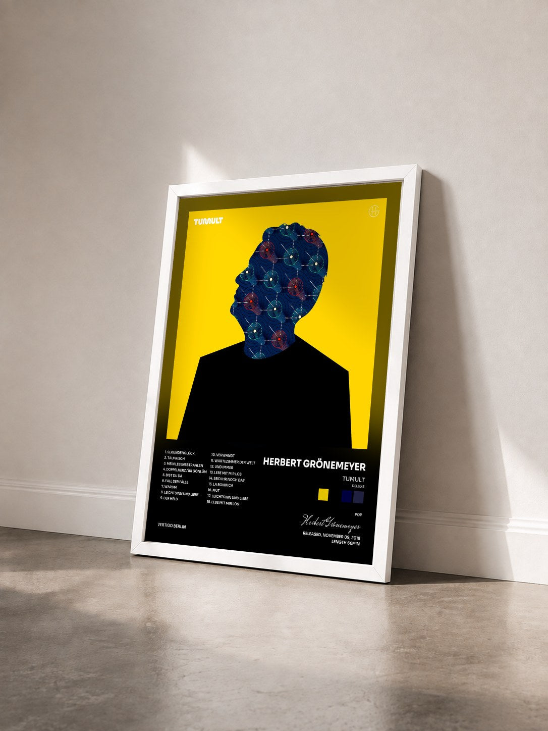 #blanc Tableau de l'album TUMULT (Deluxe) de Herbert Grönemeyer vu de trois quarts, cadre blanc