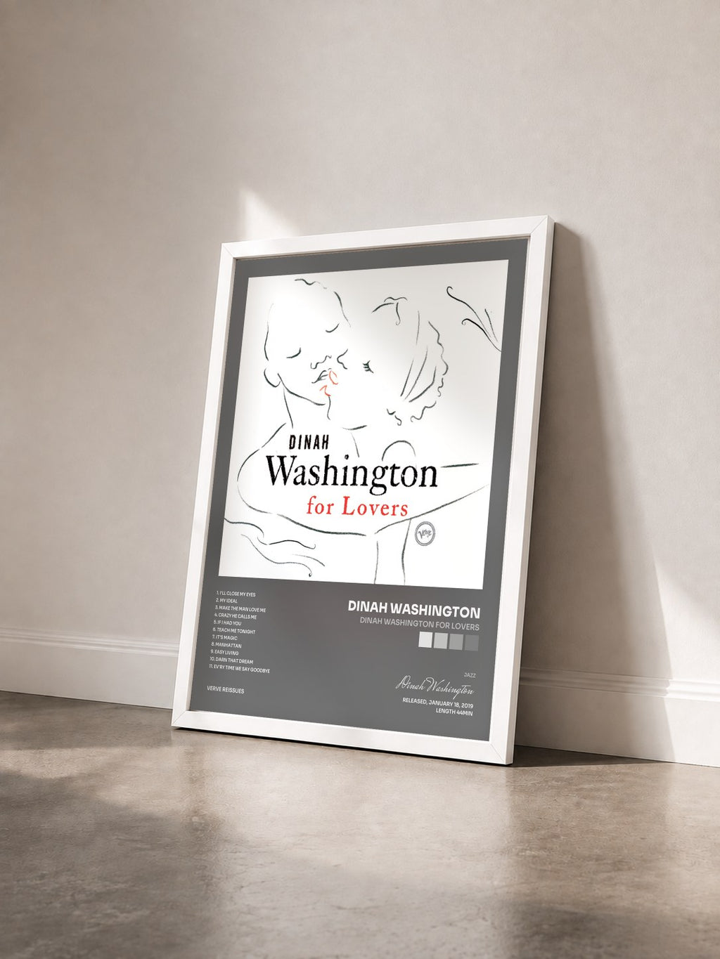 #blanc Dinah Washington For Lovers by Dinah Washington as a framed art print seen at an angle, white frame