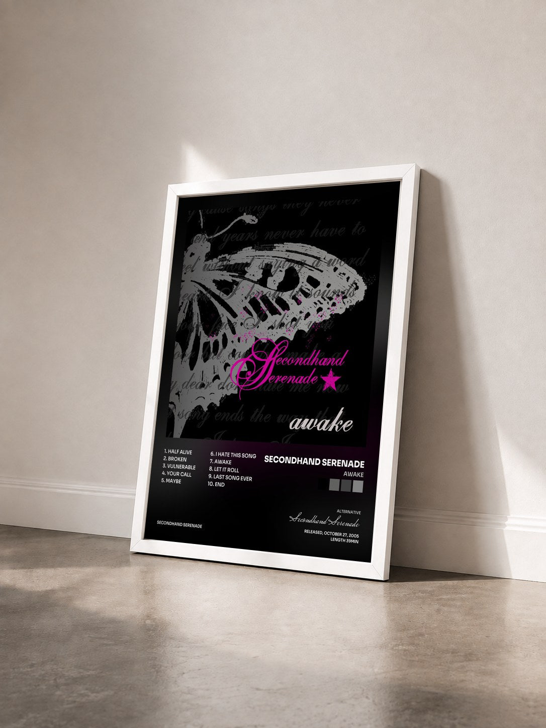 #blanc Tableau de l'album Awake de Secondhand Serenade vu de trois quarts, cadre blanc