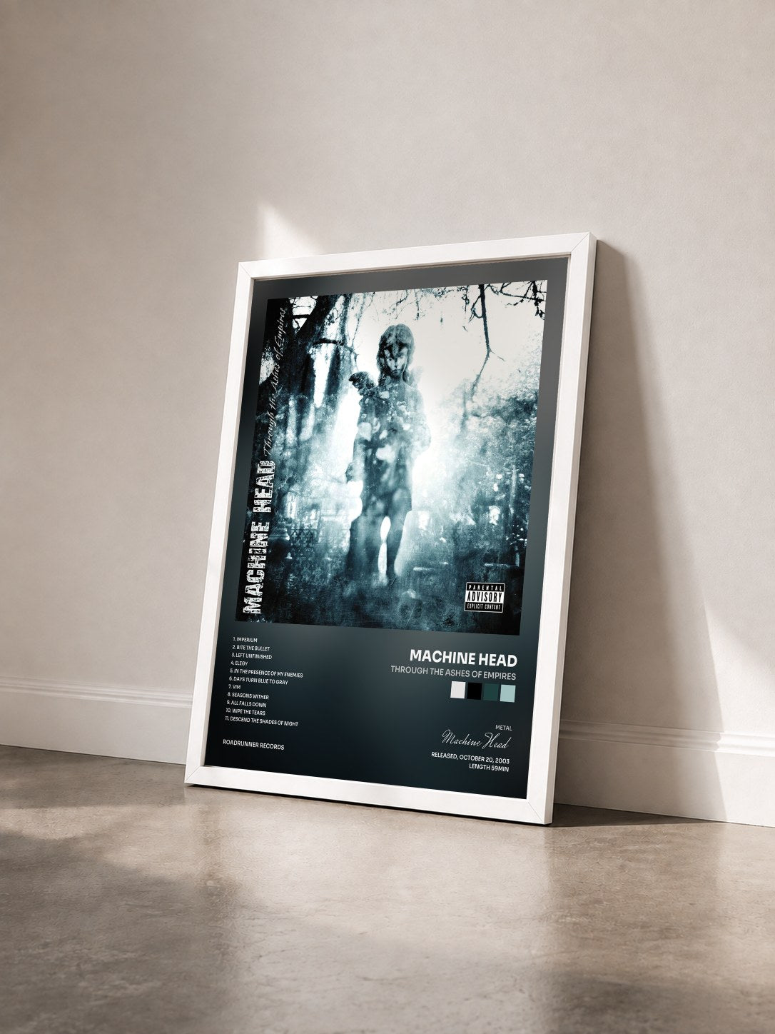 #blanc Tableau de l'album Through the Ashes of Empires de Machine Head vu de trois quarts, cadre blanc