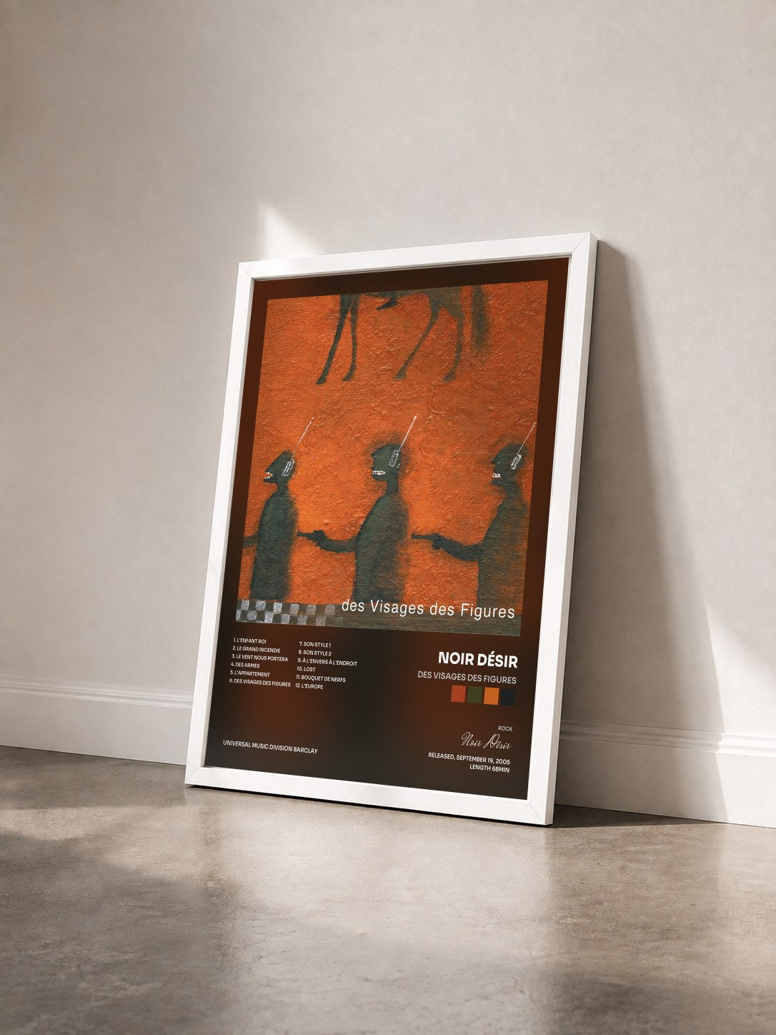#blanc Des visages des figures by Noir Désir as a framed art print seen at an angle, white frame