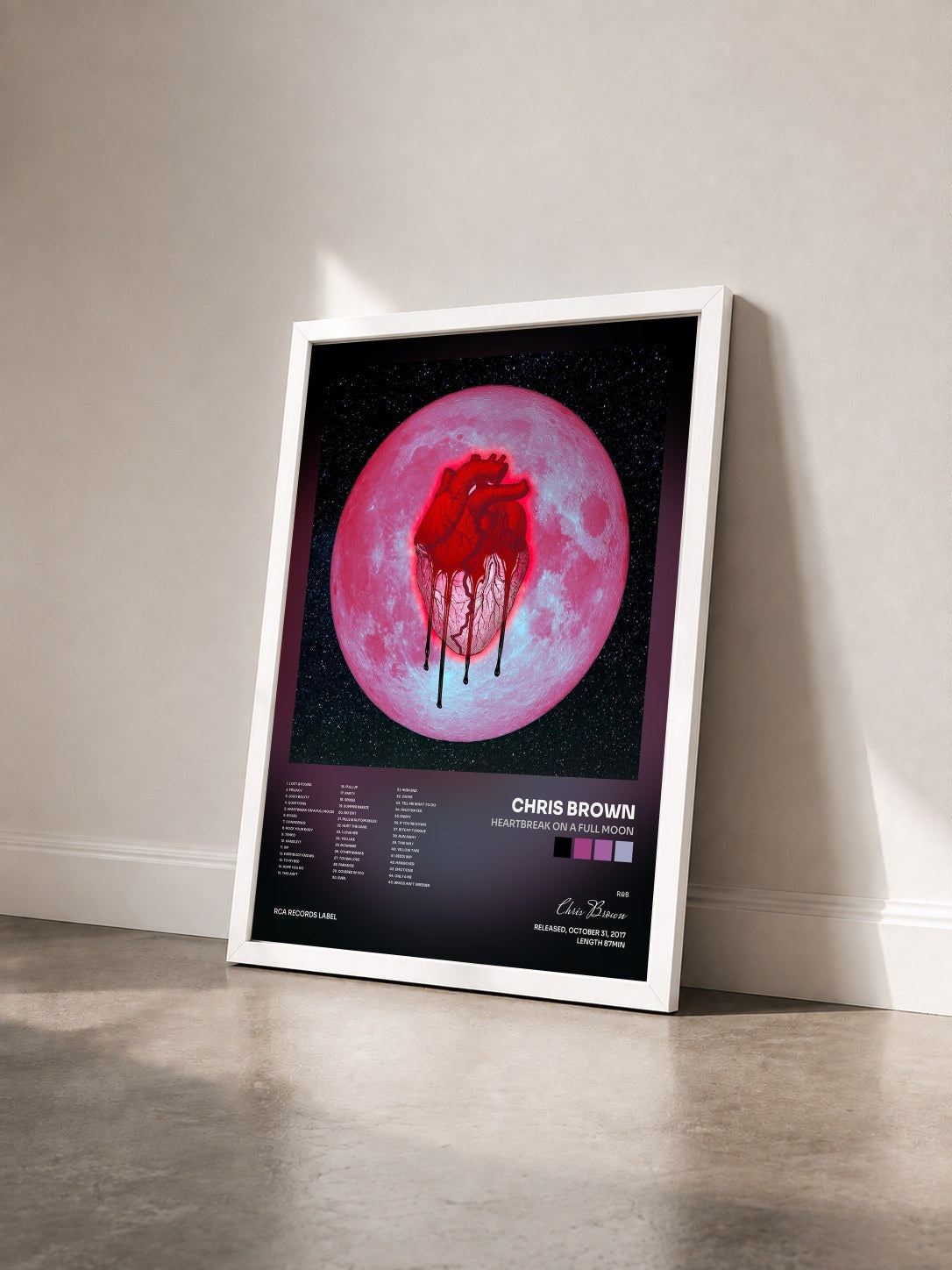 #blanc Heartbreak on a Full Moon by Chris Brown as a framed art print seen at an angle, white frame