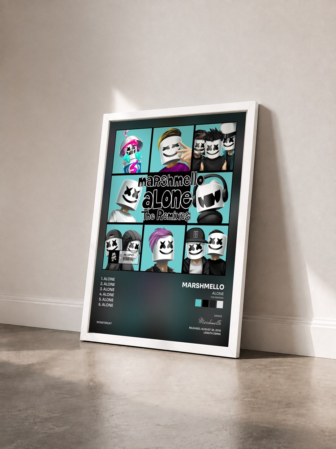 #blanc Tableau de l'album Alone (The Remixes) de Marshmello vu de trois quarts, cadre blanc