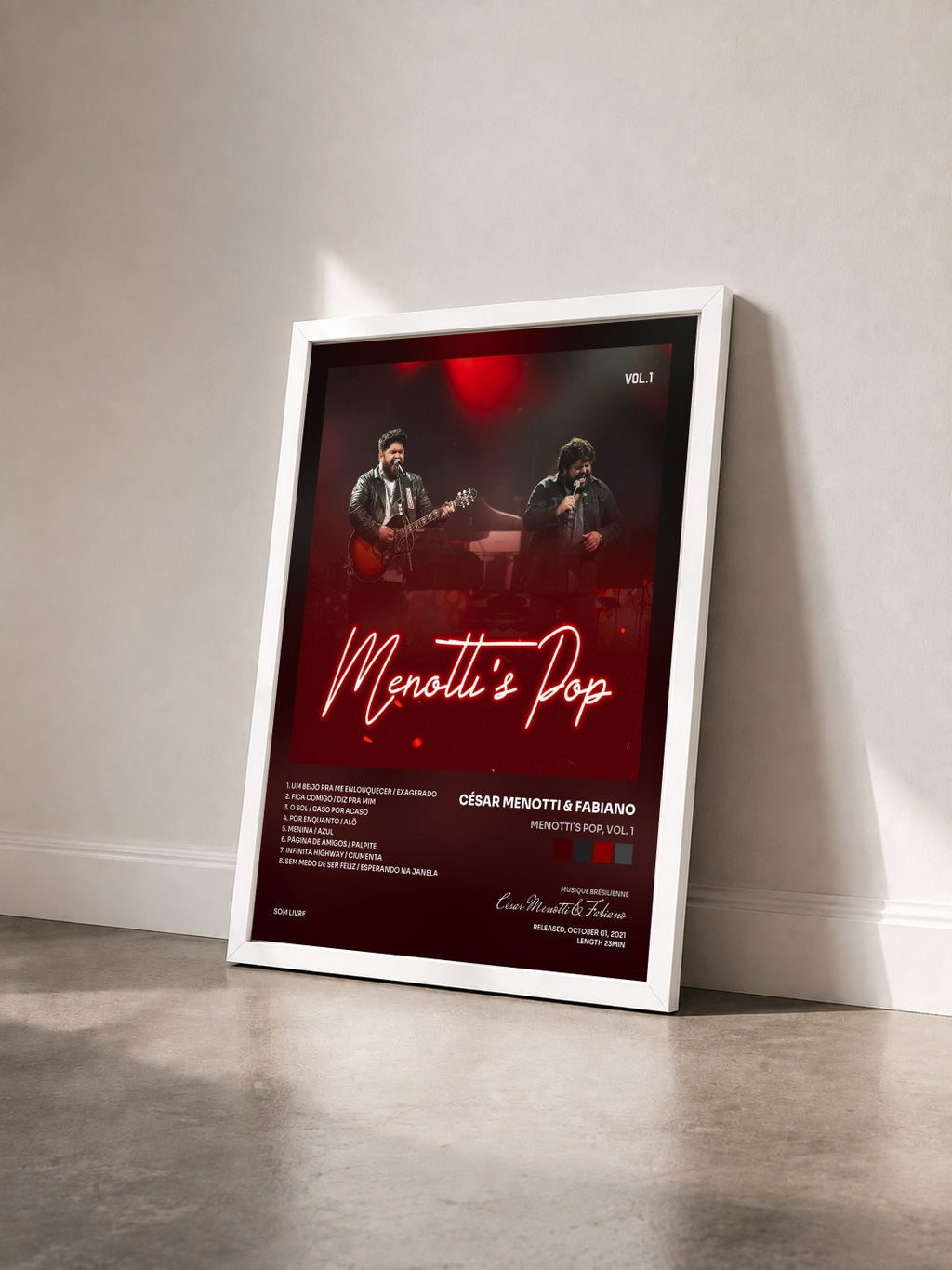 #blanc Tableau de l'album Menotti´s Pop, Vol. 1 de César Menotti & Fabiano vu de trois quarts, cadre blanc