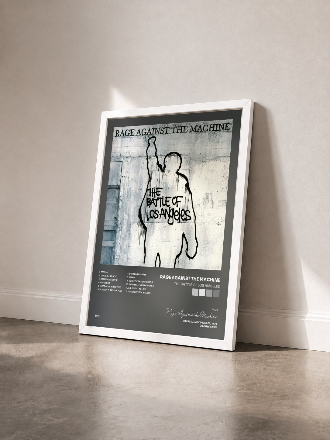 #blanc The Battle Of Los Angeles by Rage Against the Machine as a framed art print seen at an angle, white frame