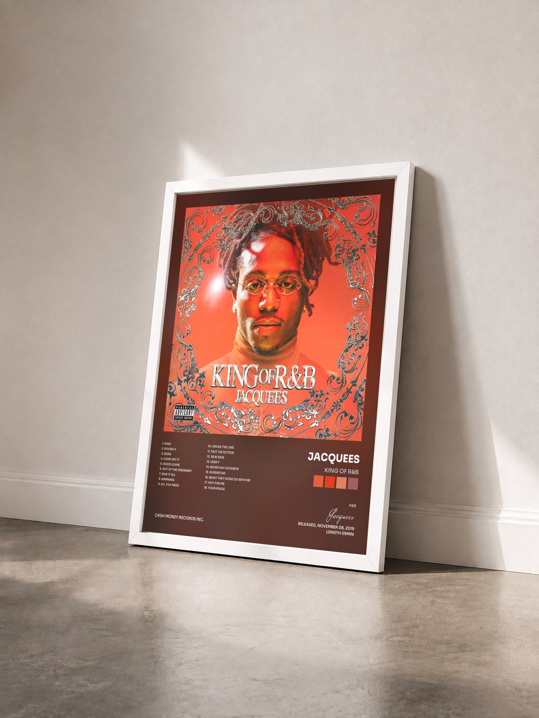 #blanc King of R&B by Jacquees as a framed art print seen at an angle, white frame