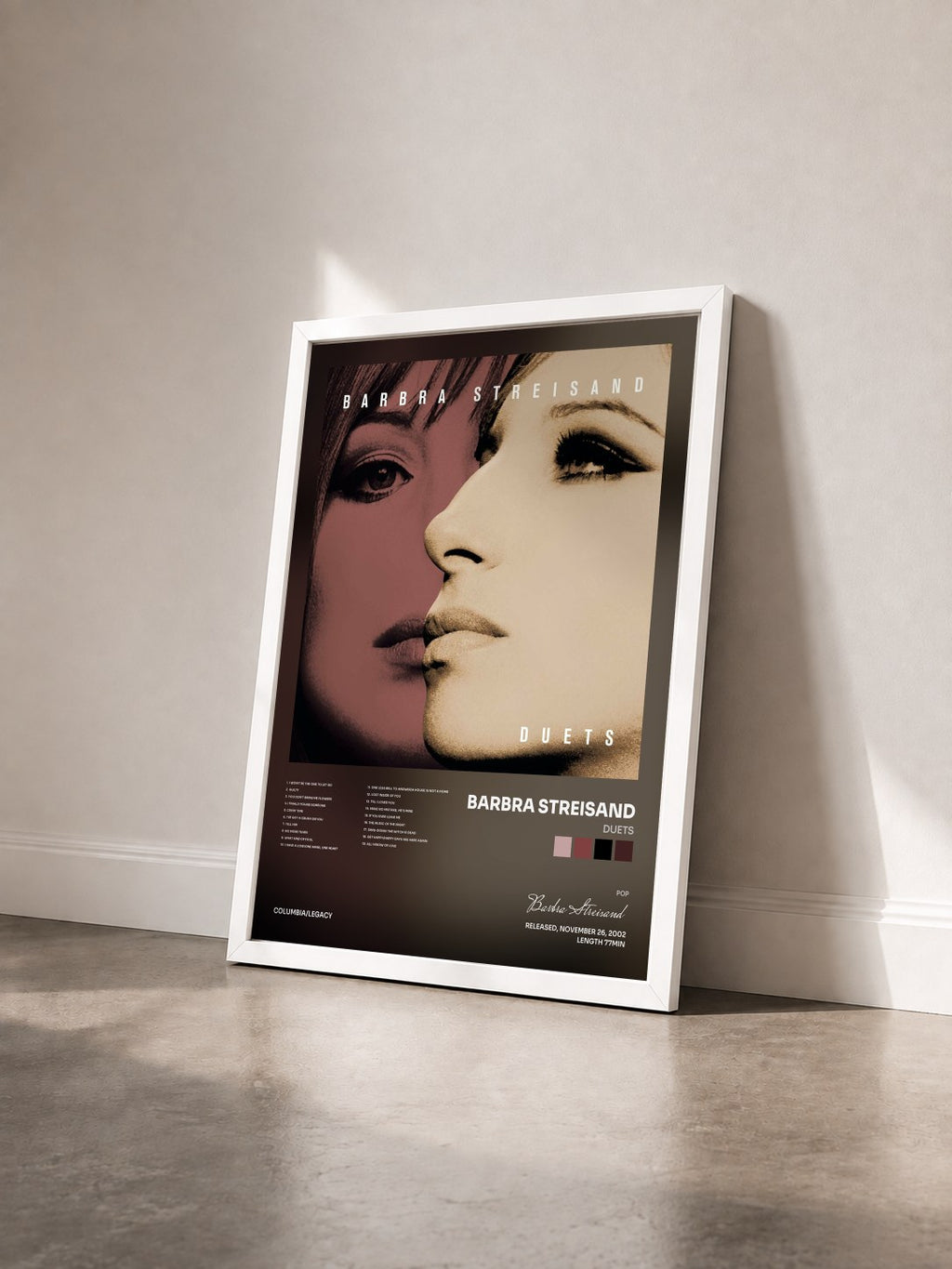 #blanc Duets di Barbra Streisand in stampa incorniciata vista di tre quarti, cornice bianca