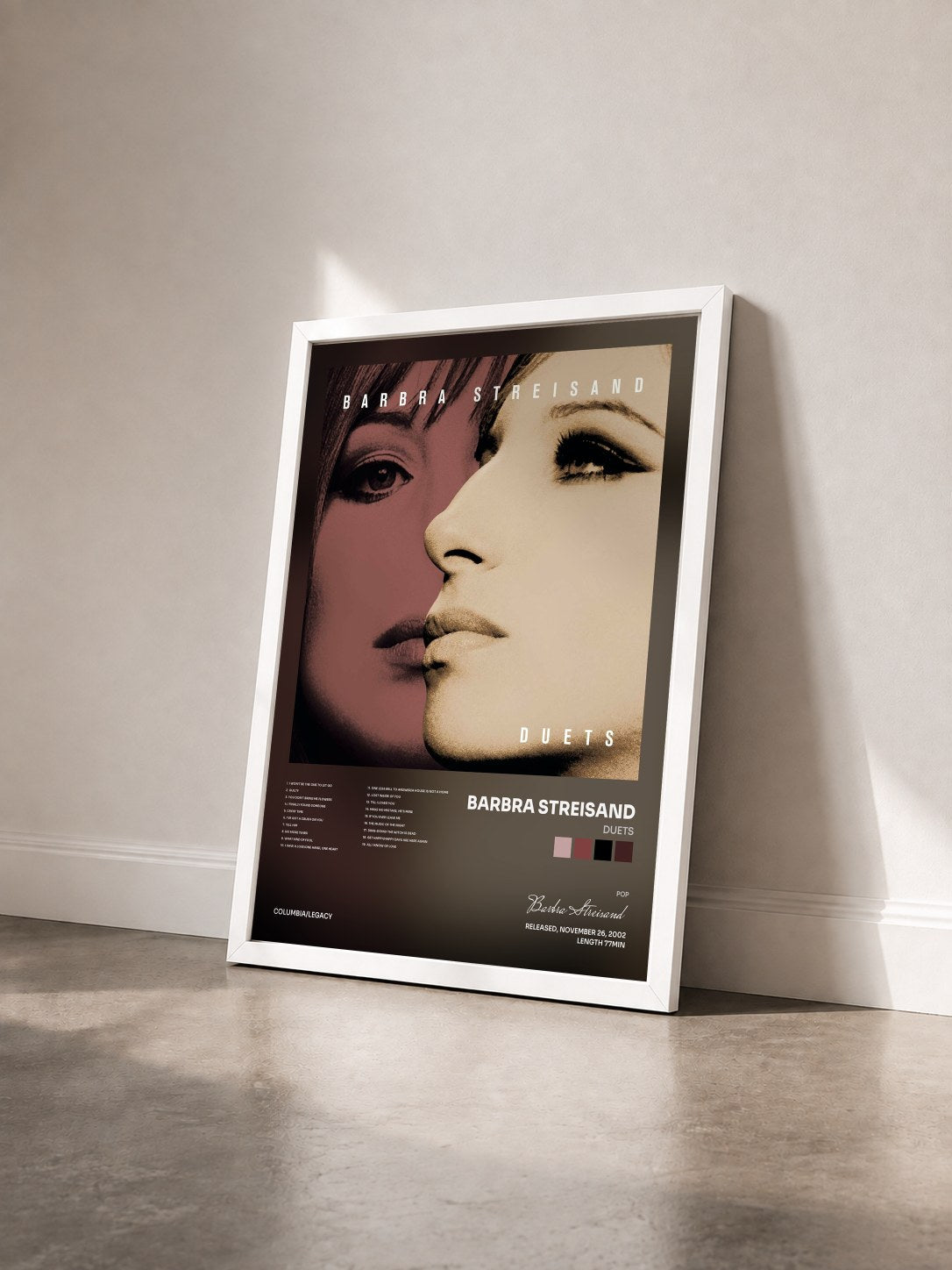 #blanc Duets de Barbra Streisand en lámina enmarcada vista de tres cuartos, marco blanco