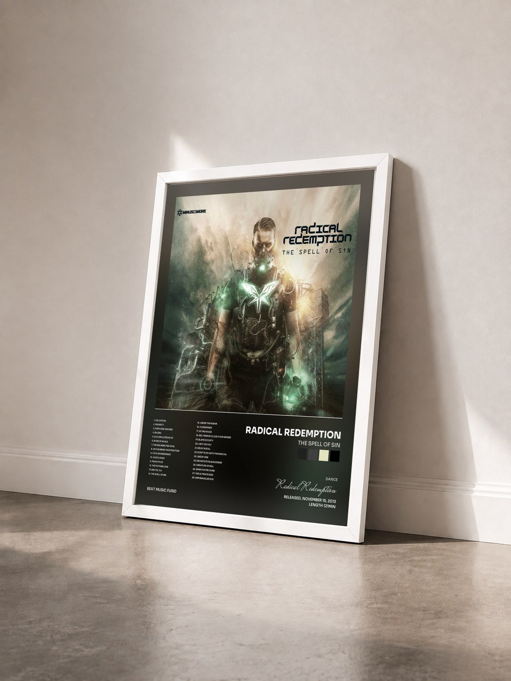 #blanc The Spell of Sin by Radical Redemption as a framed art print seen at an angle, white frame
