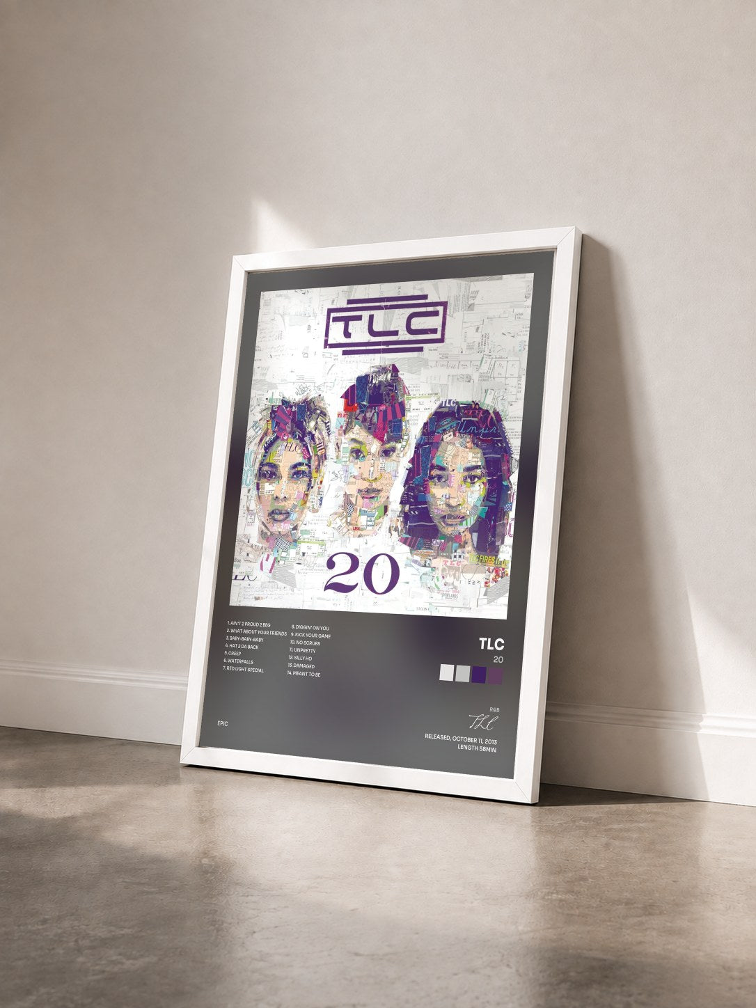 #blanc Tableau de l'album 20 de TLC vu de trois quarts, cadre blanc