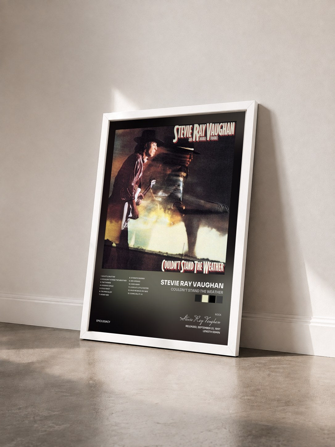 #blanc Couldn't Stand The Weather by Stevie Ray Vaughan as a framed art print seen at an angle, white frame