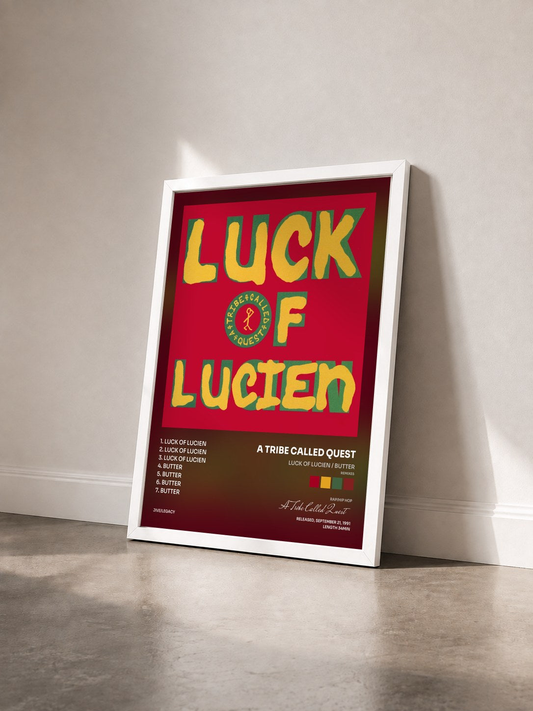 #blanc Tableau de l'album Luck of Lucien / Butter (Remixes) de A Tribe Called Quest vu de trois quarts, cadre blanc