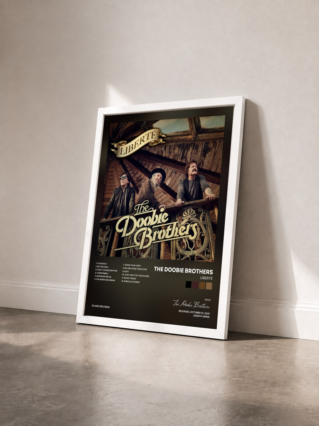 #blanc Tableau de l'album Liberté de The Doobie Brothers vu de trois quarts, cadre blanc