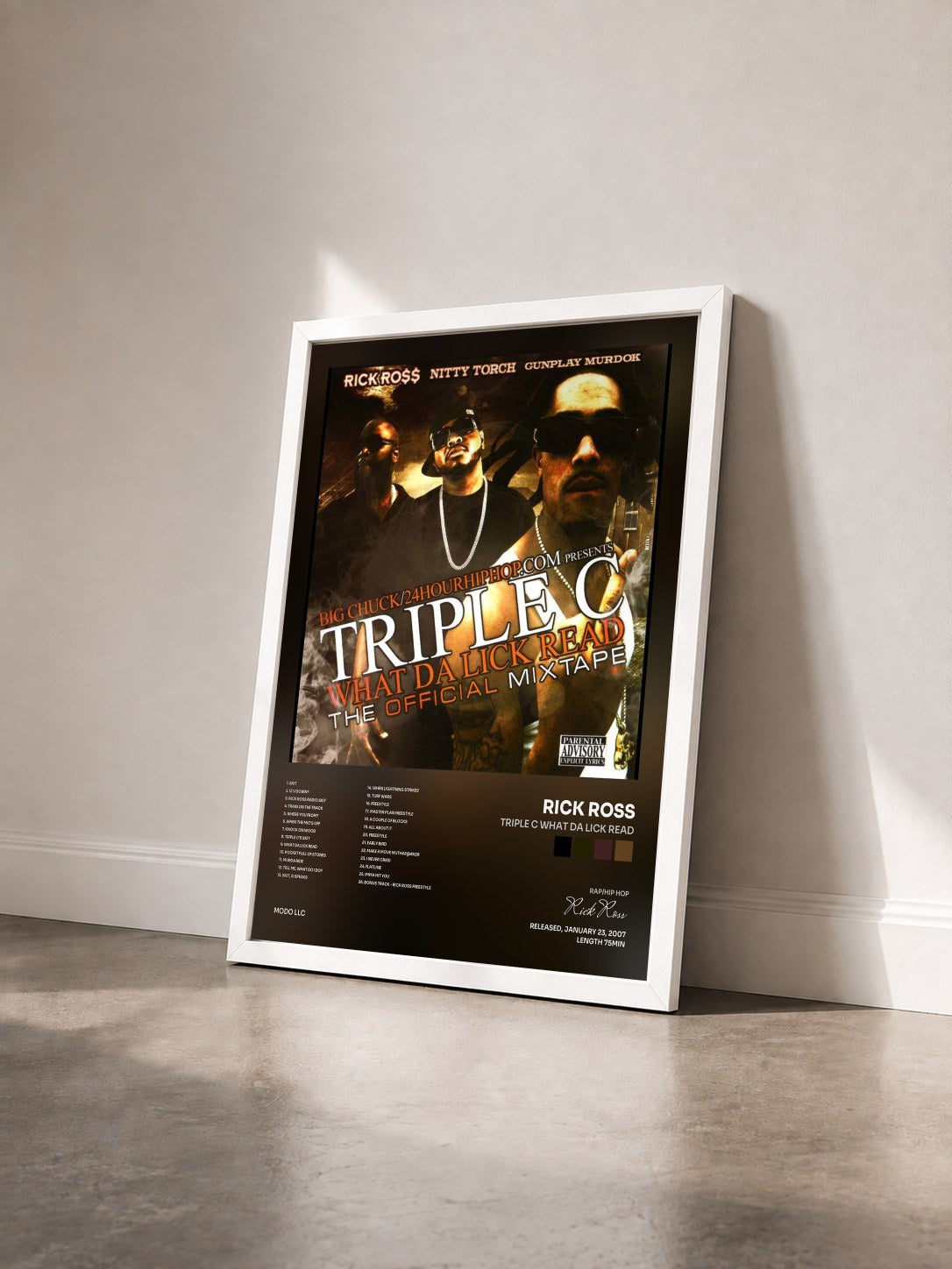#blanc Triple C What Da Lick Read by Rick Ross as a framed art print seen at an angle, white frame