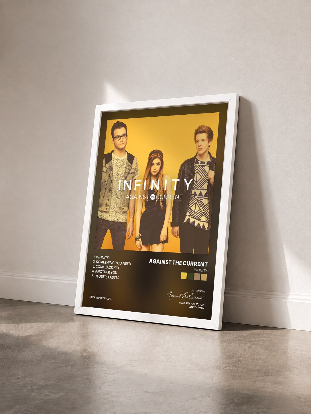 #blanc Tableau de l'album Infinity de Against The Current vu de trois quarts, cadre blanc