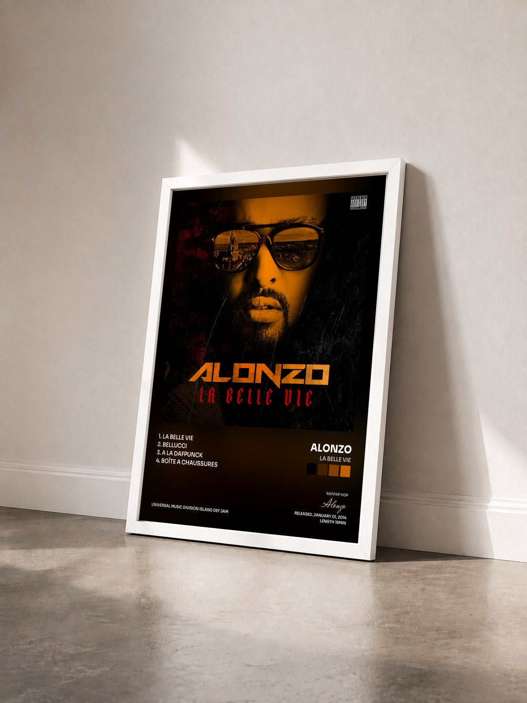 #blanc Tableau de l'album La Belle Vie de Alonzo vu de trois quarts, cadre blanc