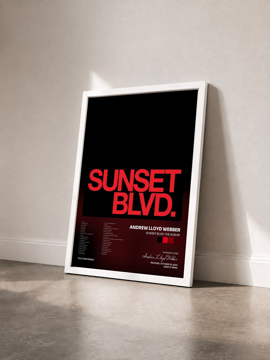 #blanc Tableau de l'album SUNSET BLVD: The Album de Andrew Lloyd Webber vu de trois quarts, cadre blanc