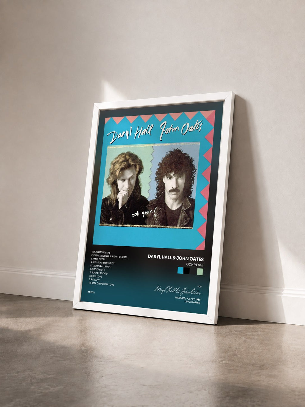 #blanc Tableau de l'album Ooh Yeah! de Daryl Hall & John Oates vu de trois quarts, cadre blanc